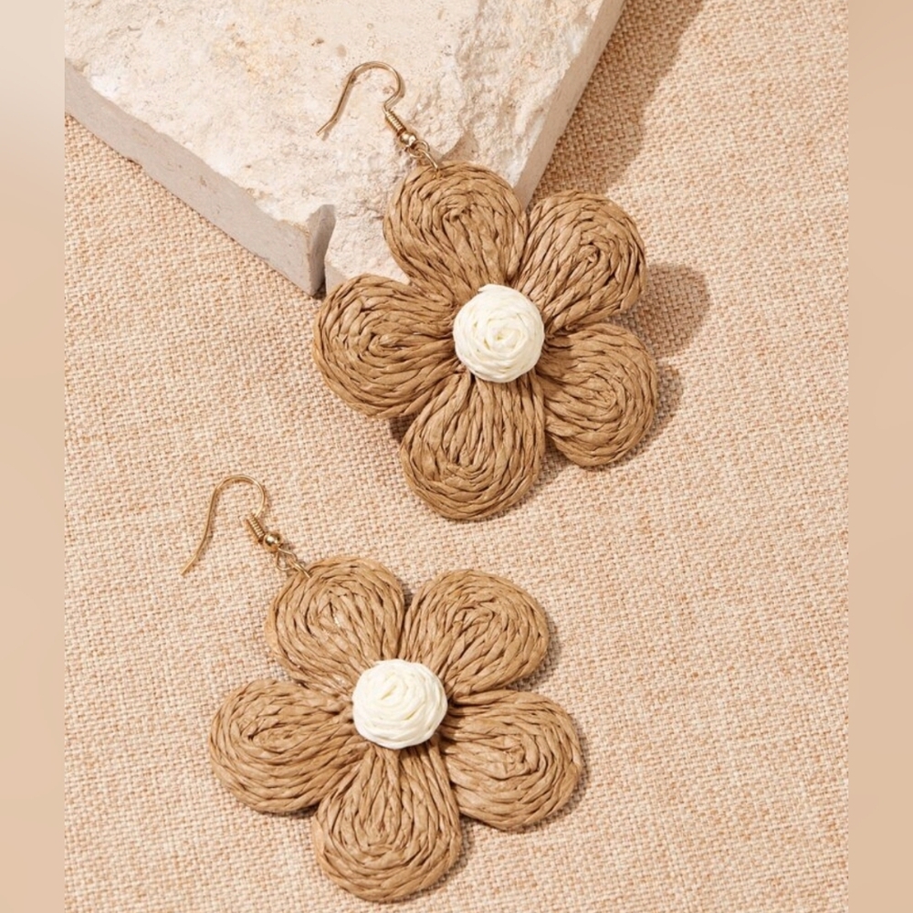 Boho Woven Flower Earrings Large Statement Rattan Straw Dangle Drop Summer Beach